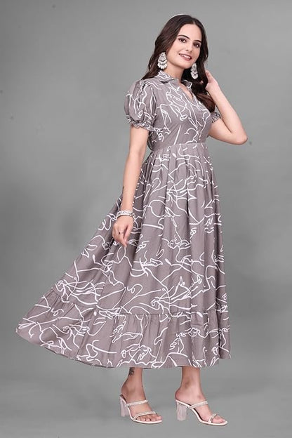 Classy Long Gown With Puffy Sleeves &amp; Printed Work