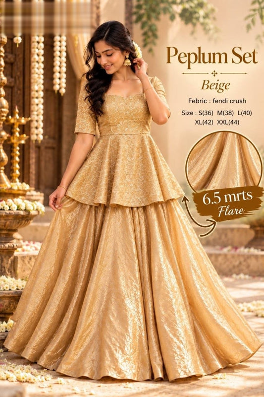 Exquisite two-piece ensemble featuring a classic peplum top paired with a gracefully flowing skirt
