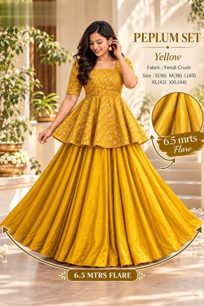 Exquisite two-piece ensemble featuring a classic peplum top paired with a gracefully flowing skirt