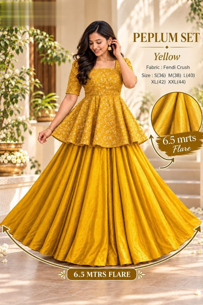 Exquisite two-piece ensemble featuring a classic peplum top paired with a gracefully flowing skirt
