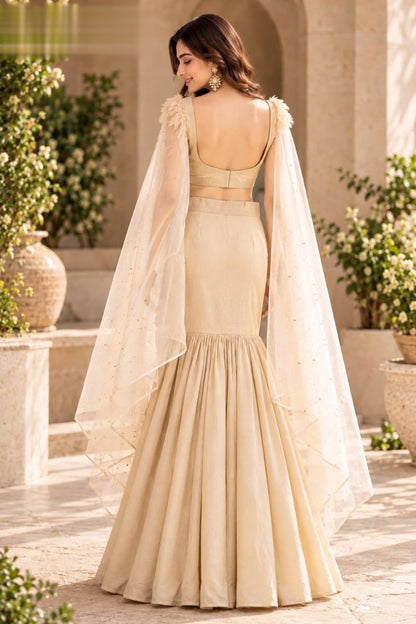 Designer Embroidered Fish Cut Lehenga Choli Set for Women with Sheer Dupatta, Ivory Beige Vichitra Mermaid Lehenga, Party, Wedding, Engagement, Festive Ethnic Wear
