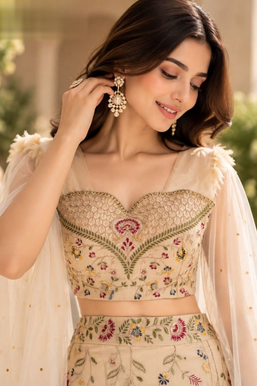 Designer Embroidered Fish Cut Lehenga Choli Set for Women with Sheer Dupatta, Ivory Beige Vichitra Mermaid Lehenga, Party, Wedding, Engagement, Festive Ethnic Wear