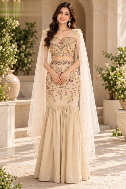 Designer Embroidered Fish Cut Lehenga Choli Set for Women with Sheer Dupatta, Ivory Beige Vichitra Mermaid Lehenga, Party, Wedding, Engagement, Festive Ethnic Wear