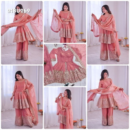 Elegant Heavy Two Tone Fendy Silk Sharara Suit With Heavy Embroidery Work