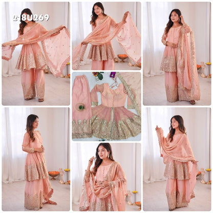 Elegant Heavy Two Tone Fendy Silk Sharara Suit With Heavy Embroidery Work