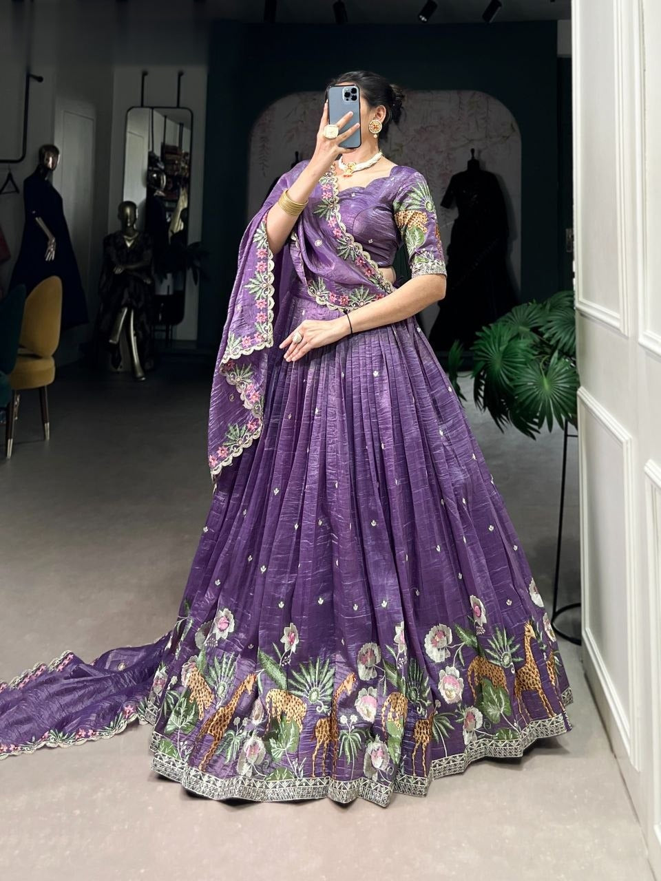 Latest Gold Crush Lehenga Choli With Thread Embroidery Work