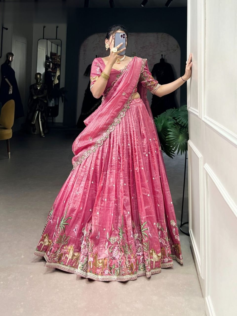Latest Gold Crush Lehenga Choli With Thread Embroidery Work