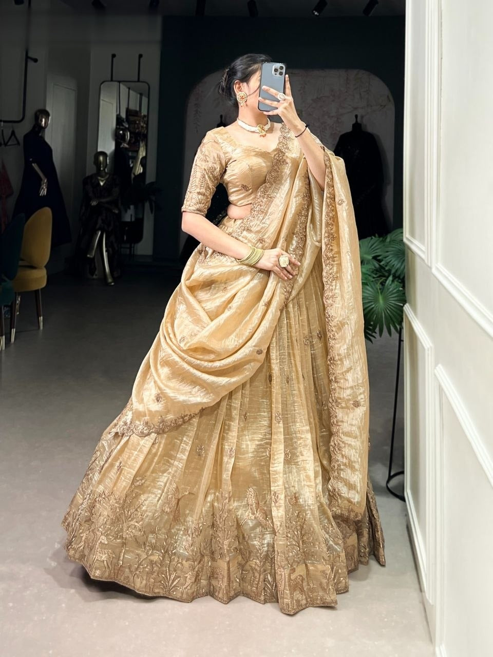 Latest Gold Crush Lehenga Choli With Thread Embroidery Work