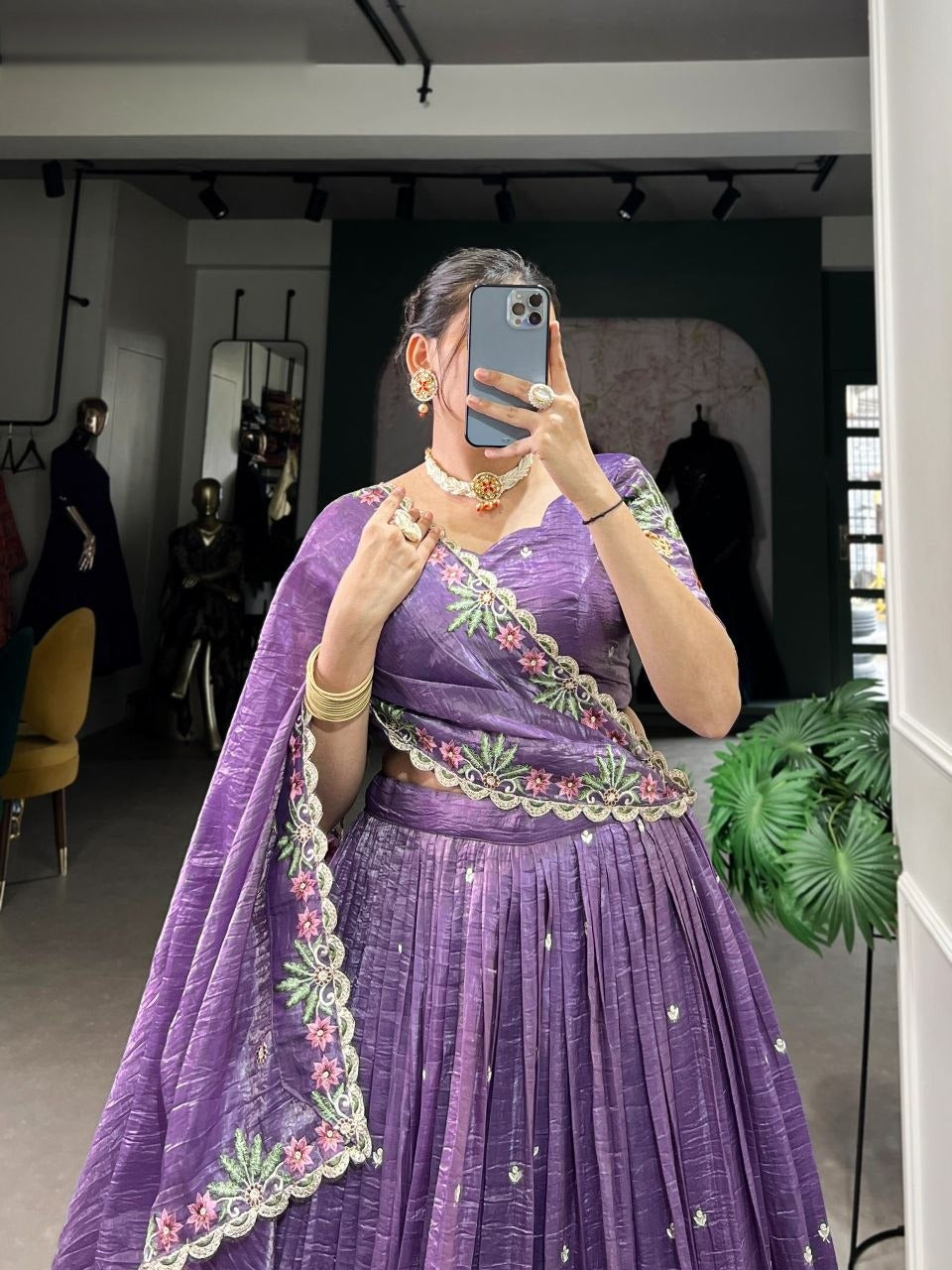 Latest Gold Crush Lehenga Choli With Thread Embroidery Work