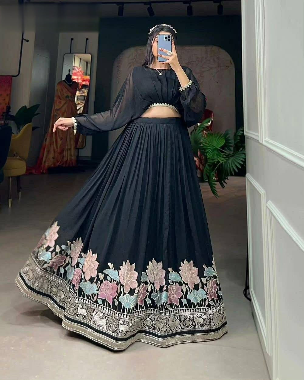 Classy Faux Georgette Lehenga Choli WIth Embroidery Work
