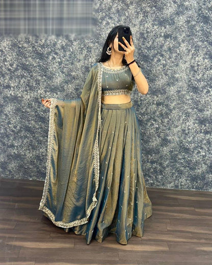 Classy Tissue Silk Lehenga Choli With Embroidery Sequins Work for weddings