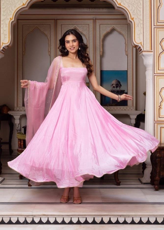 Fabulous Pink Faux Georgette Anarkali Set With Embroidery Work