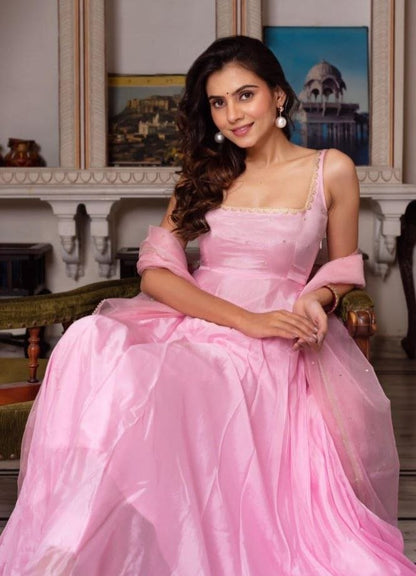 Fabulous Pink Faux Georgette Anarkali Set With Embroidery Work