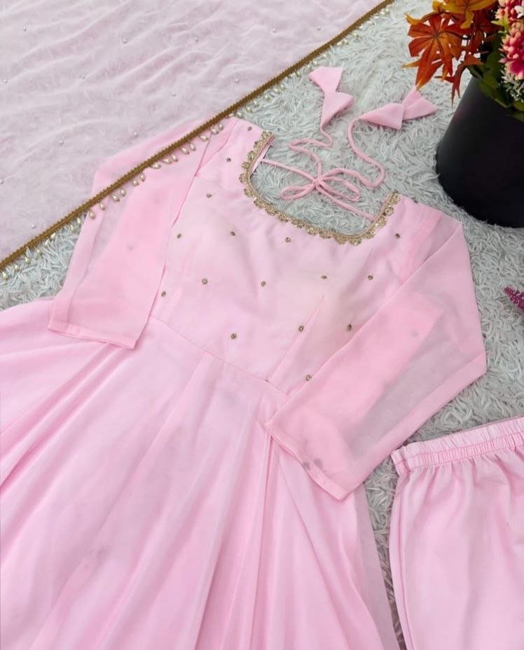 Fabulous Pink Faux Georgette Anarkali Set With Embroidery Work