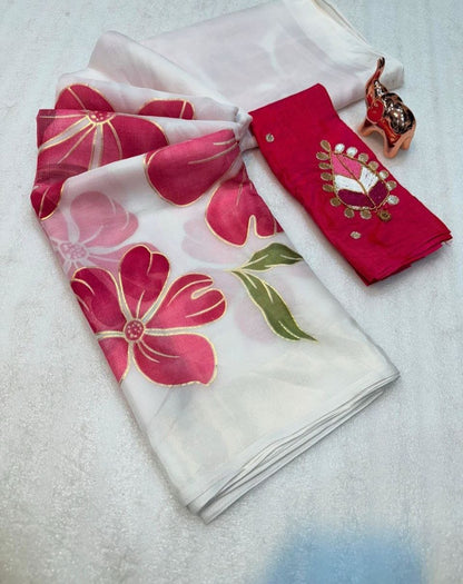 Fabulous White Soft Organza Beautiful Print With Foil