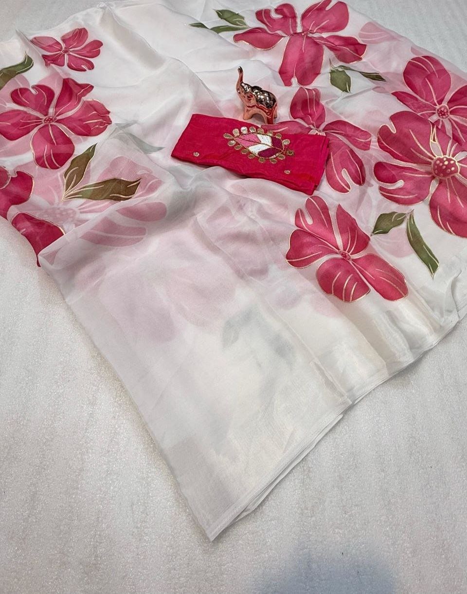Fabulous White Soft Organza Beautiful Print With Foil