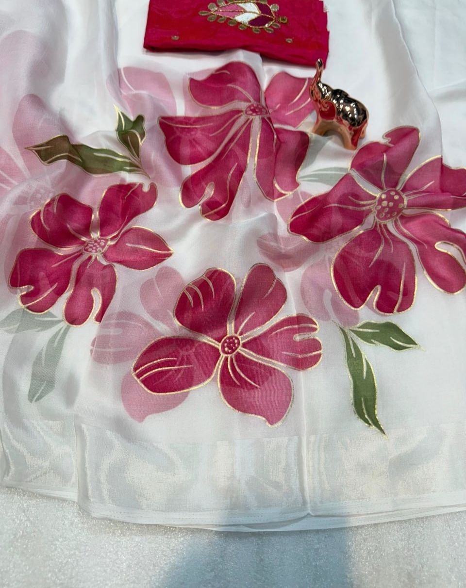 Fabulous White Soft Organza Beautiful Print With Foil