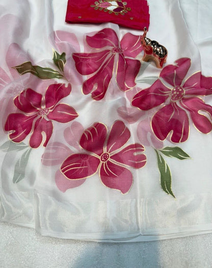 Fabulous White Soft Organza Beautiful Print With Foil