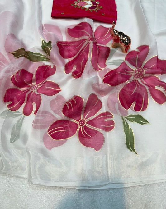 Fabulous White Soft Organza Beautiful Print With Foil