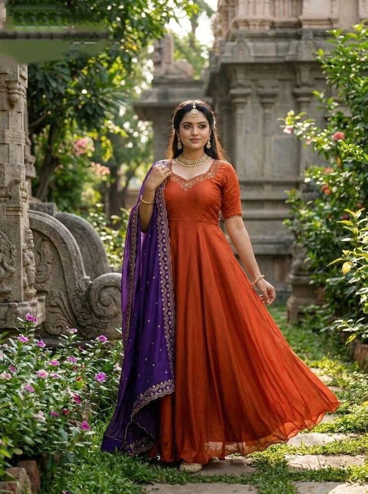 Gorgeous Orange Anarkali Gown With Sequins Embroidery Purple Dupatta