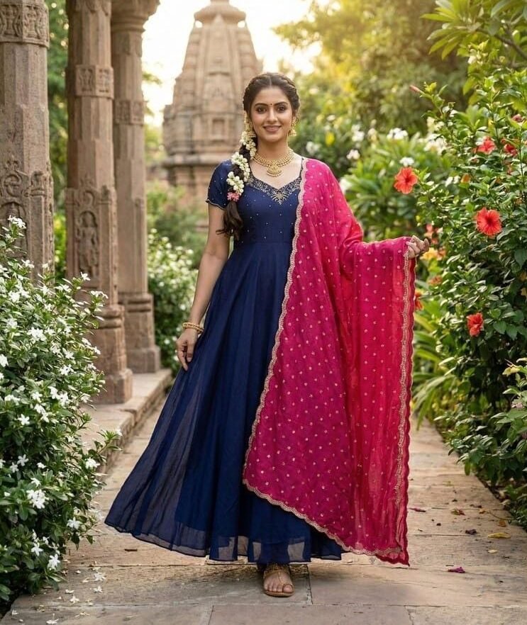 Elegant Navy Blue Anarkali Gown With Sequins Embroidery Pink Dupatta