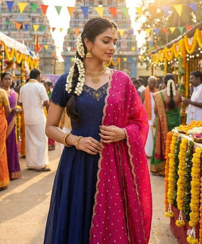 Elegant Navy Blue Anarkali Gown With Sequins Embroidery Pink Dupatta