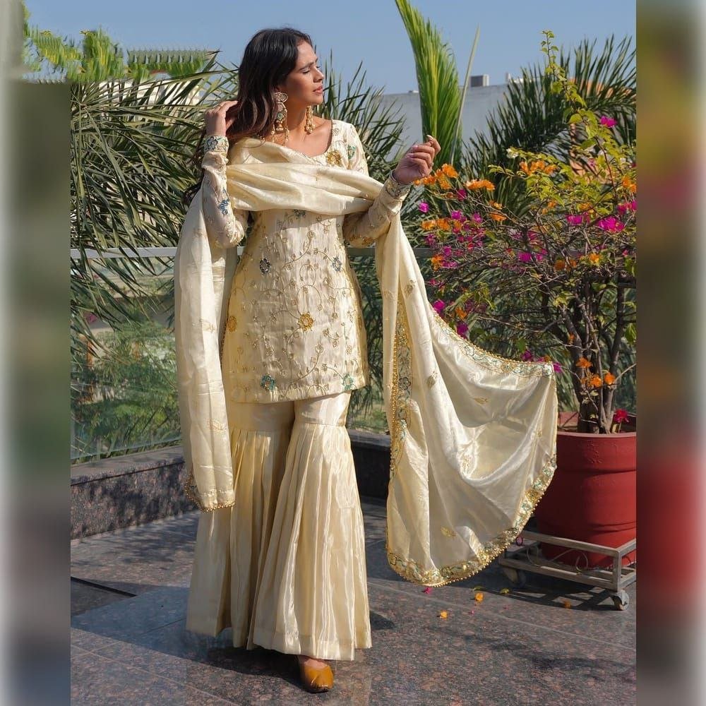 Elegant Cream Sharara Suit With Exclusive Beads Embroidery Work