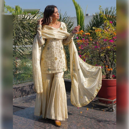 Elegant Cream Sharara Suit With Exclusive Beads Embroidery Work