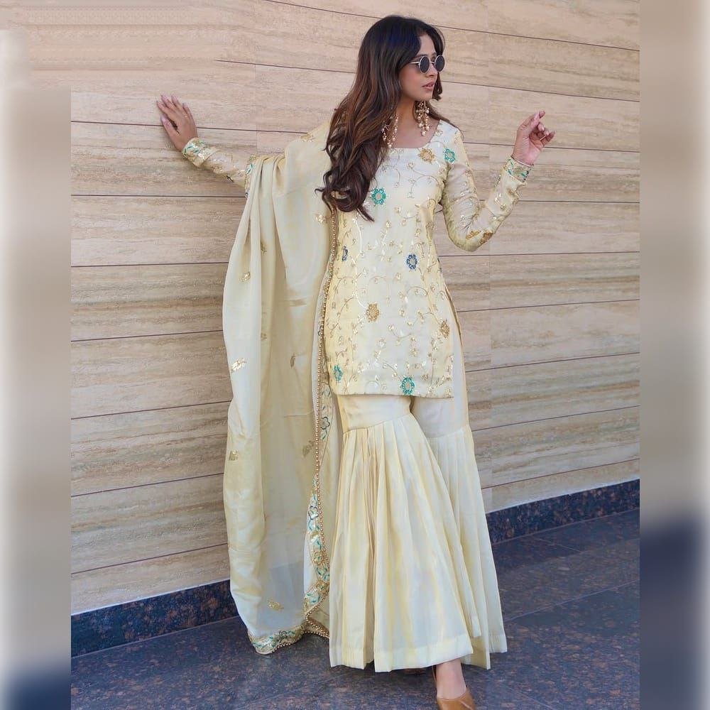 Elegant Cream Sharara Suit With Exclusive Beads Embroidery Work