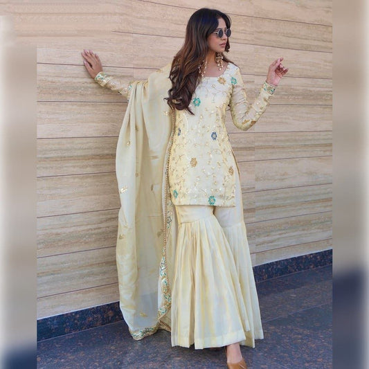 Elegant Cream Sharara Suit With Exclusive Beads Embroidery Work