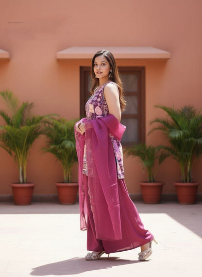 Gorgeous Wine Kurti Set With Organza Dupatta
