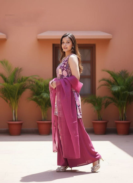 Gorgeous Wine Kurti Set With Organza Dupatta