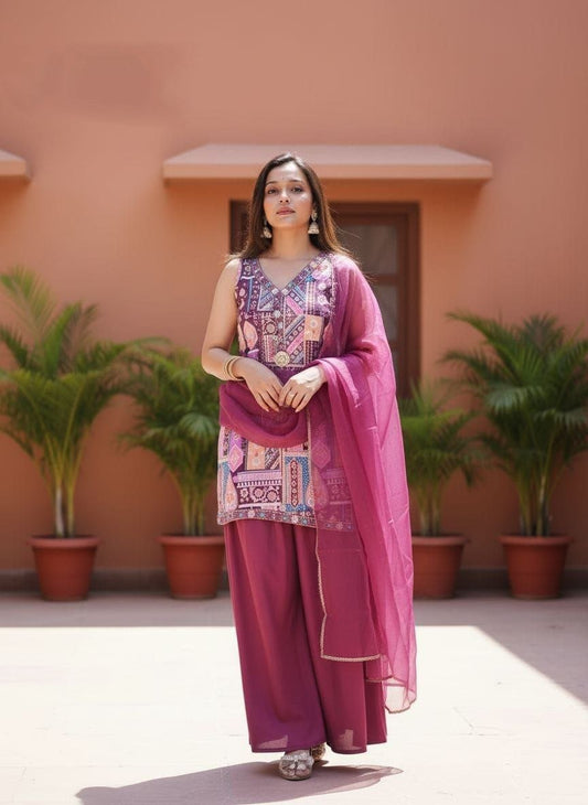 Gorgeous Wine Kurti Set With Organza Dupatta