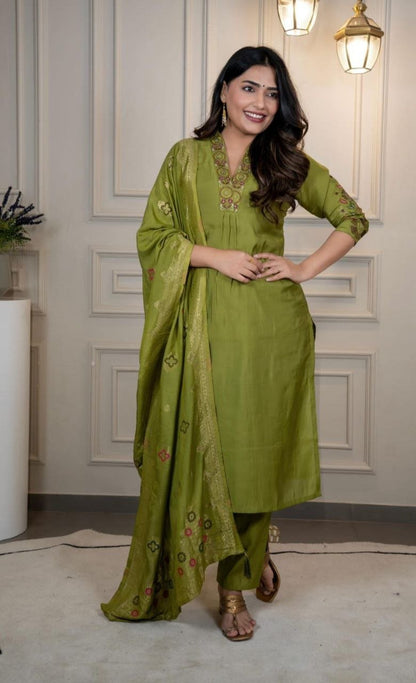 Premium Green Roman Silk Hand Work Kurta Set With Nylon Dupatta