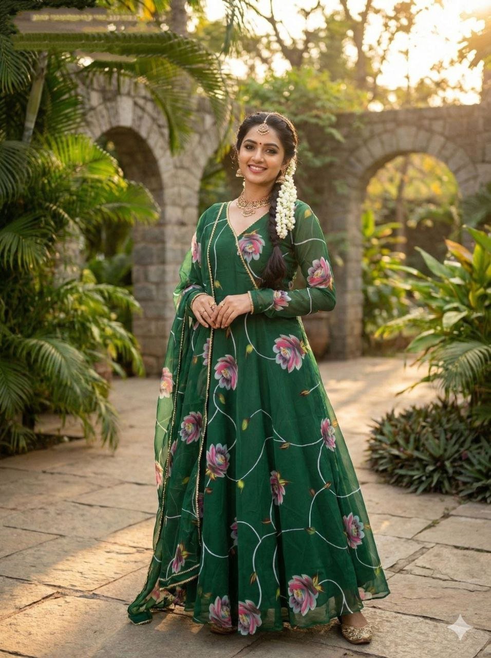 Green Tabby Organza Anarakali Suit With Floral Printed Work