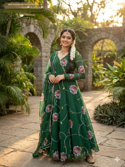 Green Tabby Organza Anarakali Suit With Floral Printed Work