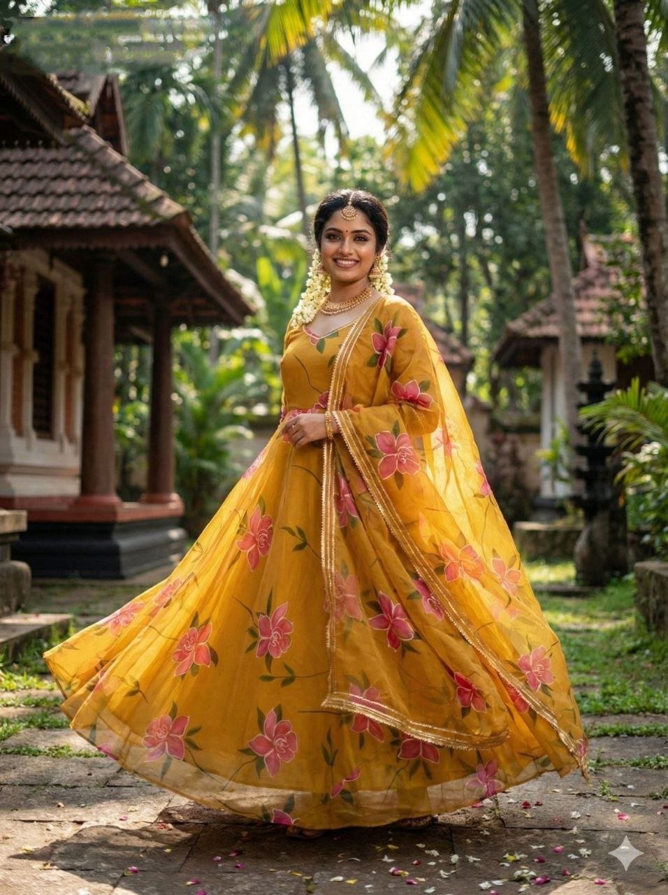 Yellow Tabby Organza Anarkali Suit With Floral Printed Work