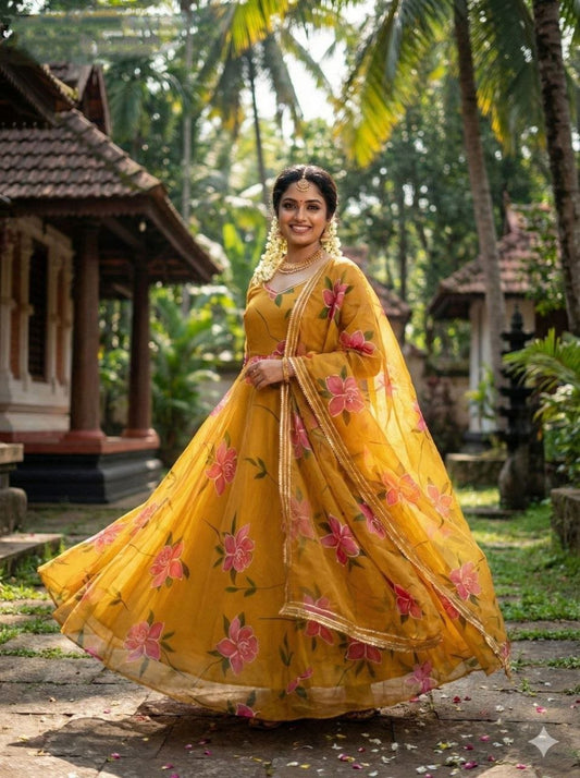 Yellow Tabby Organza Anarkali Suit With Floral Printed Work