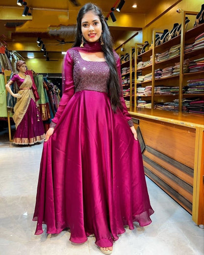 Wine Sparkling Georgette Embroidery Anarkali Suit With Dupatta