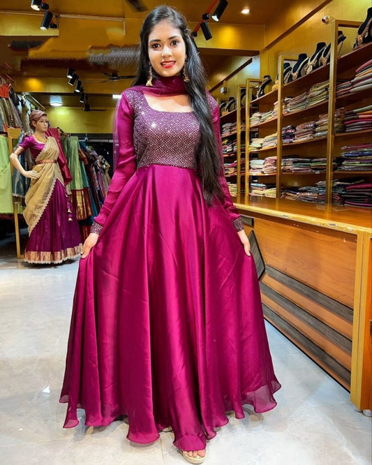 Wine Sparkling Georgette Embroidery Anarkali Suit With Dupatta