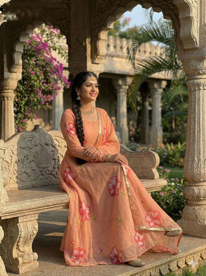 Orange Tabby Organza Anarkali Suit With Floral Printed Work