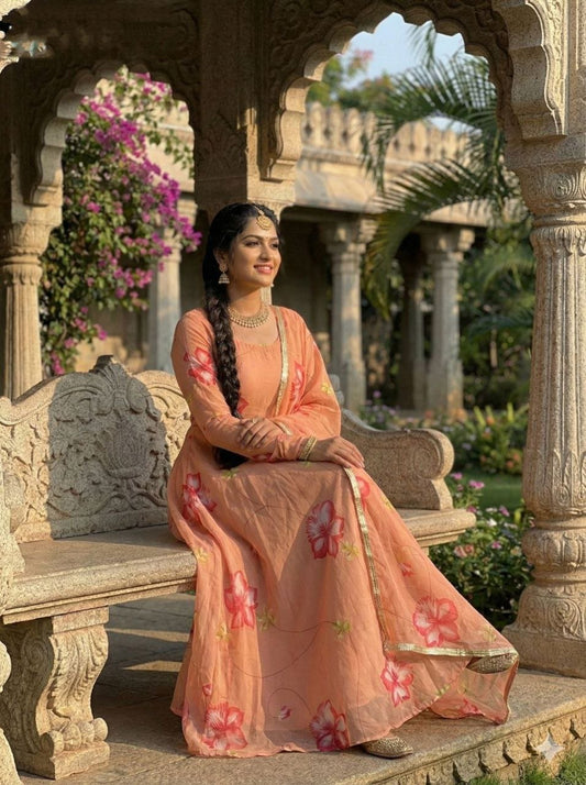 Orange Tabby Organza Anarkali Suit With Floral Printed Work
