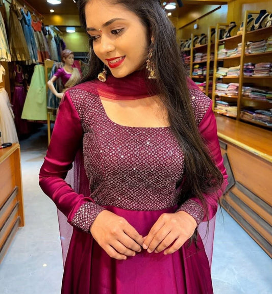 Wine Sparkling Georgette Embroidery Anarkali Suit With Dupatta
