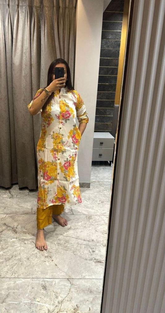 Trendy Designer Bamboo Cotton Kurta Set With Floral Printed Work