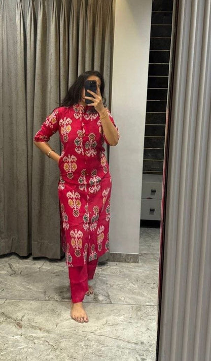Trendy Designer Bamboo Cotton Kurta Set With Floral Printed Work