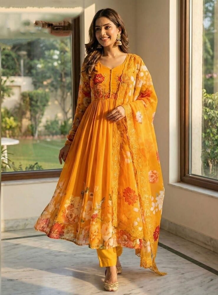 Fabulous Yellow Faux Georgette Anarkali Suit