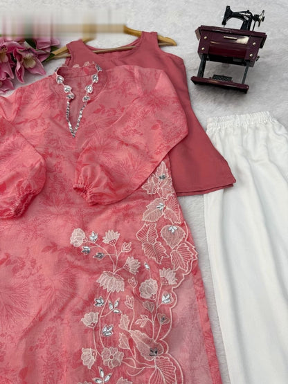Classy Pink Organza Floral Kurta Suit With Mirror Work