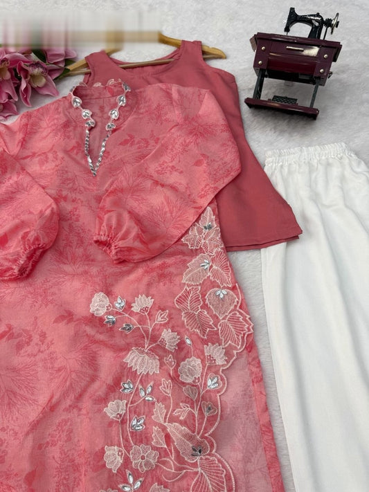 Classy Pink Organza Floral Kurta Suit With Mirror Work