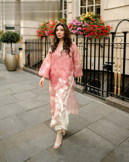 Classy Pink Organza Floral Kurta Suit With Mirror Work