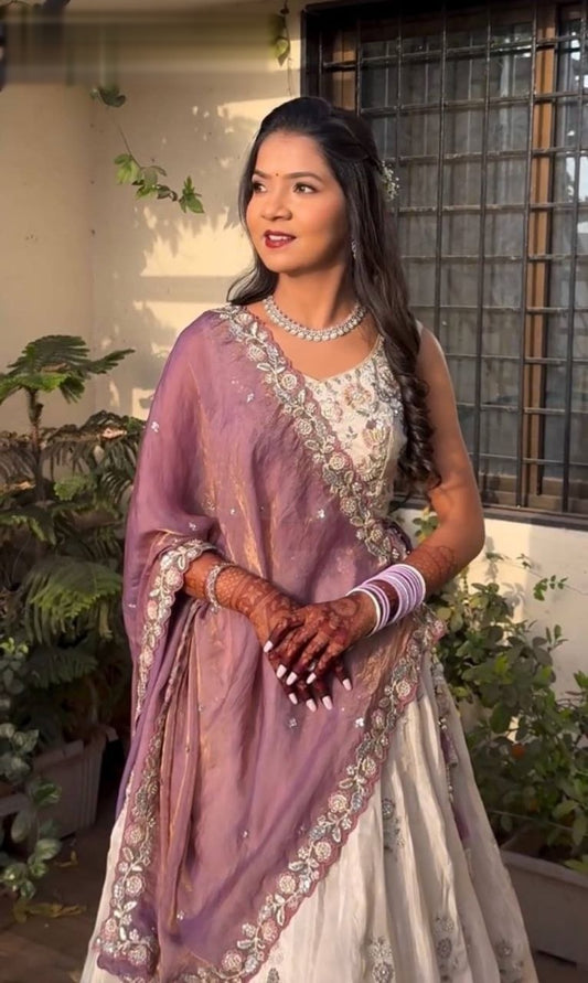 Elegant Off-White Lehenga With Floral Embroidery Work Along With Lavender Dupatta